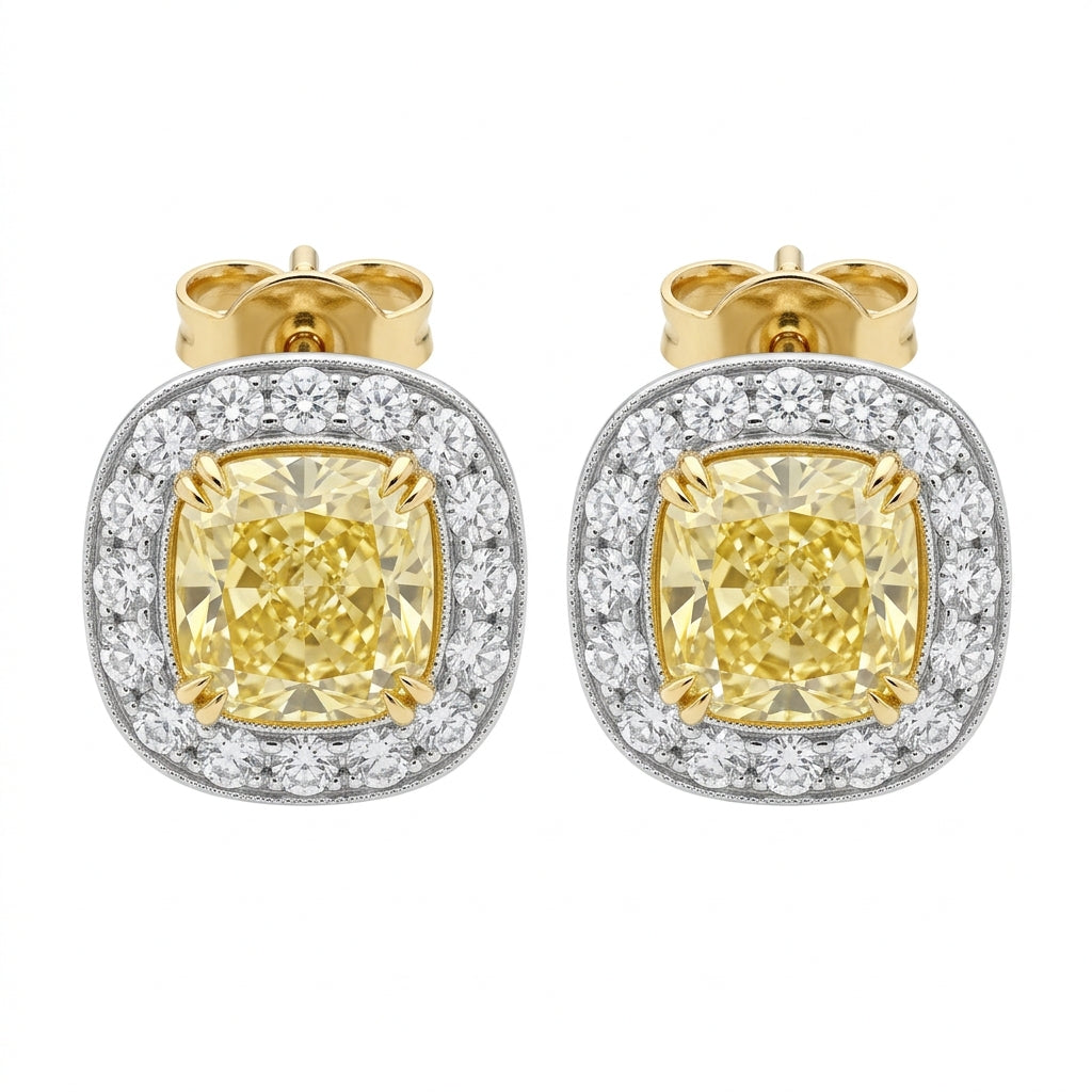 Yellow Diamond Cushion Halo Studs