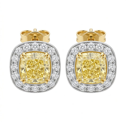 Yellow Diamond Cushion Halo Studs