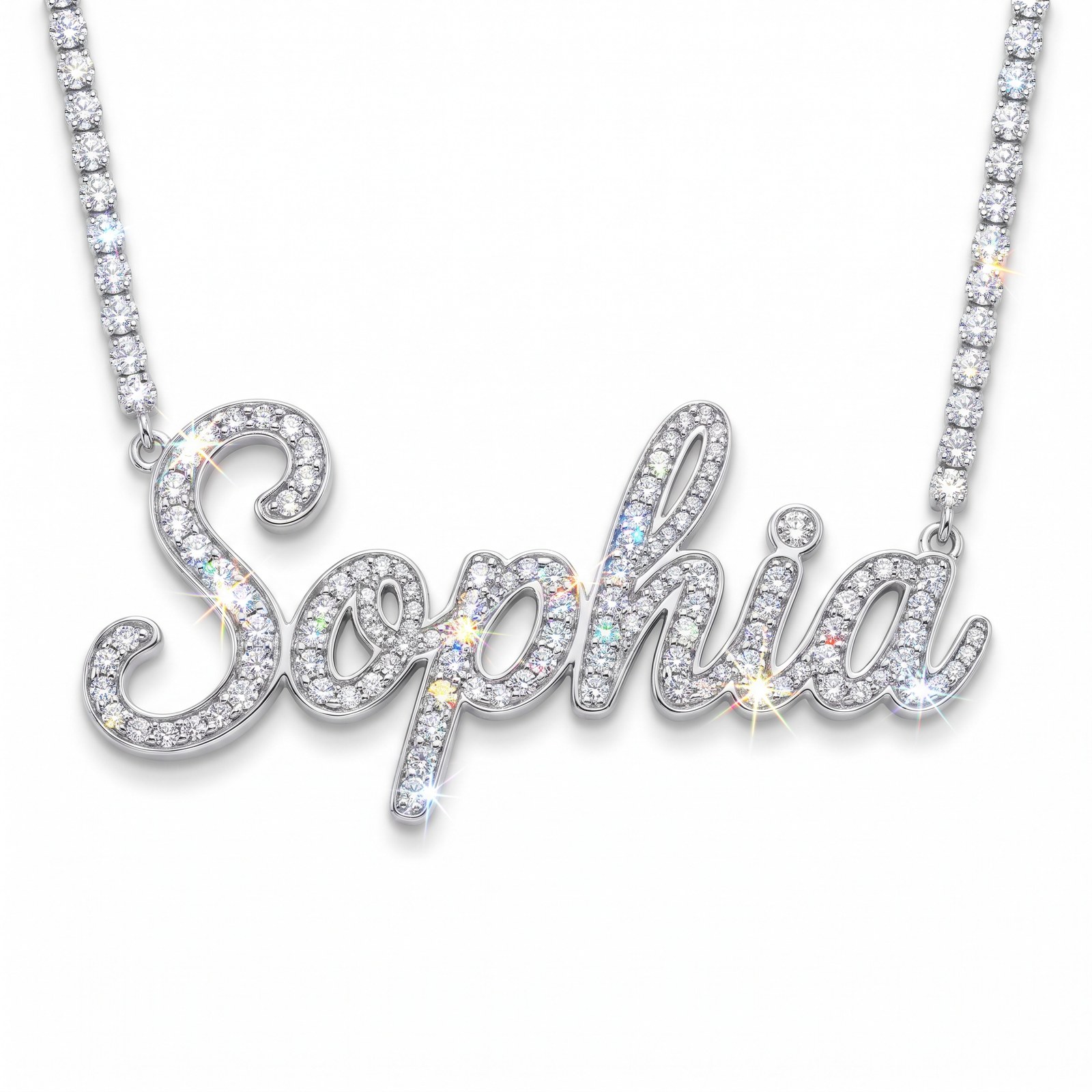 A custom diamond script nameplate pendant rendered by the studio