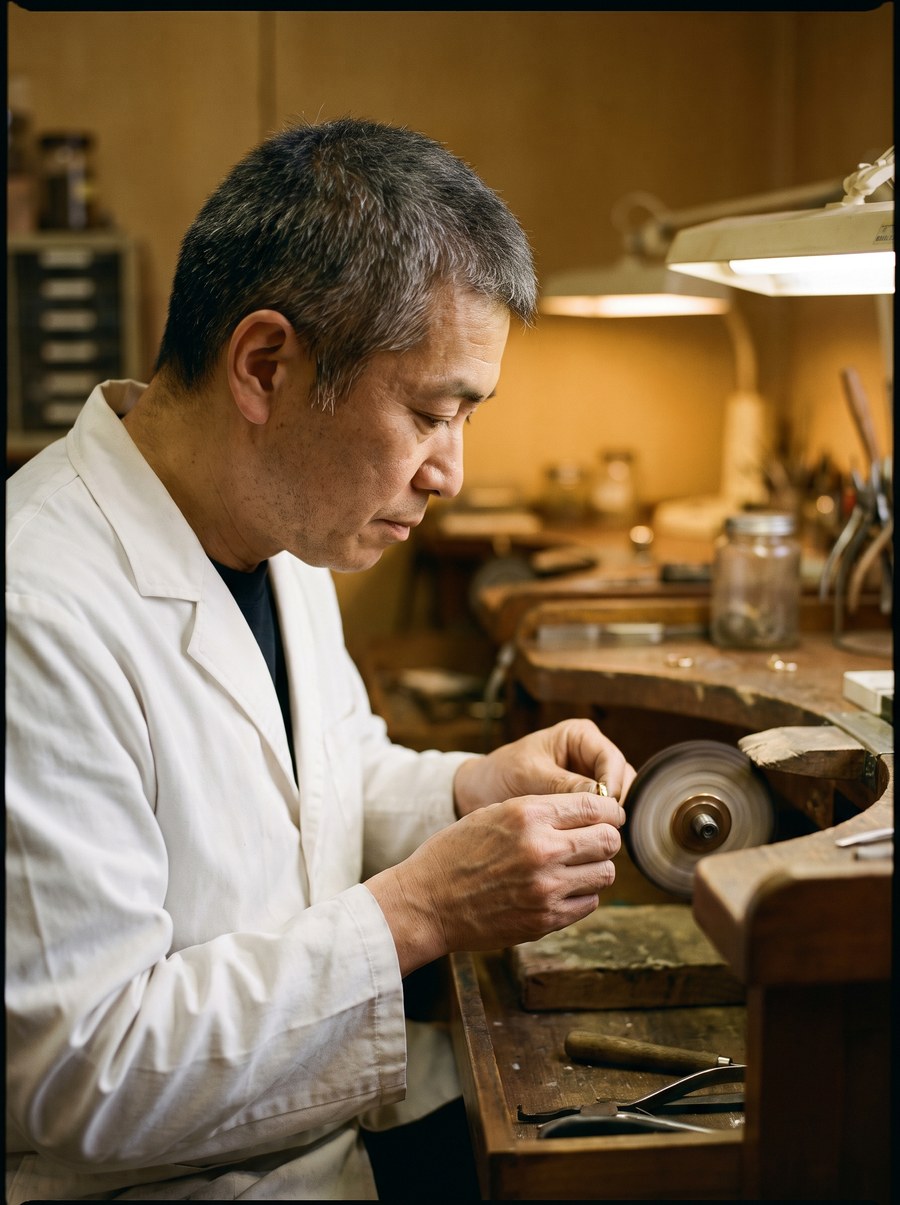 A jewelry finisher in a white coat polishing a gold band on a buffing wheel