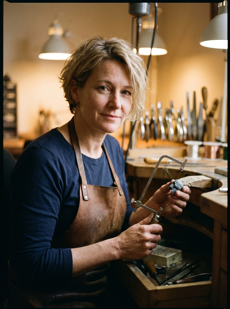 A bench jeweler in a leather apron holding a fine tool at her workbench