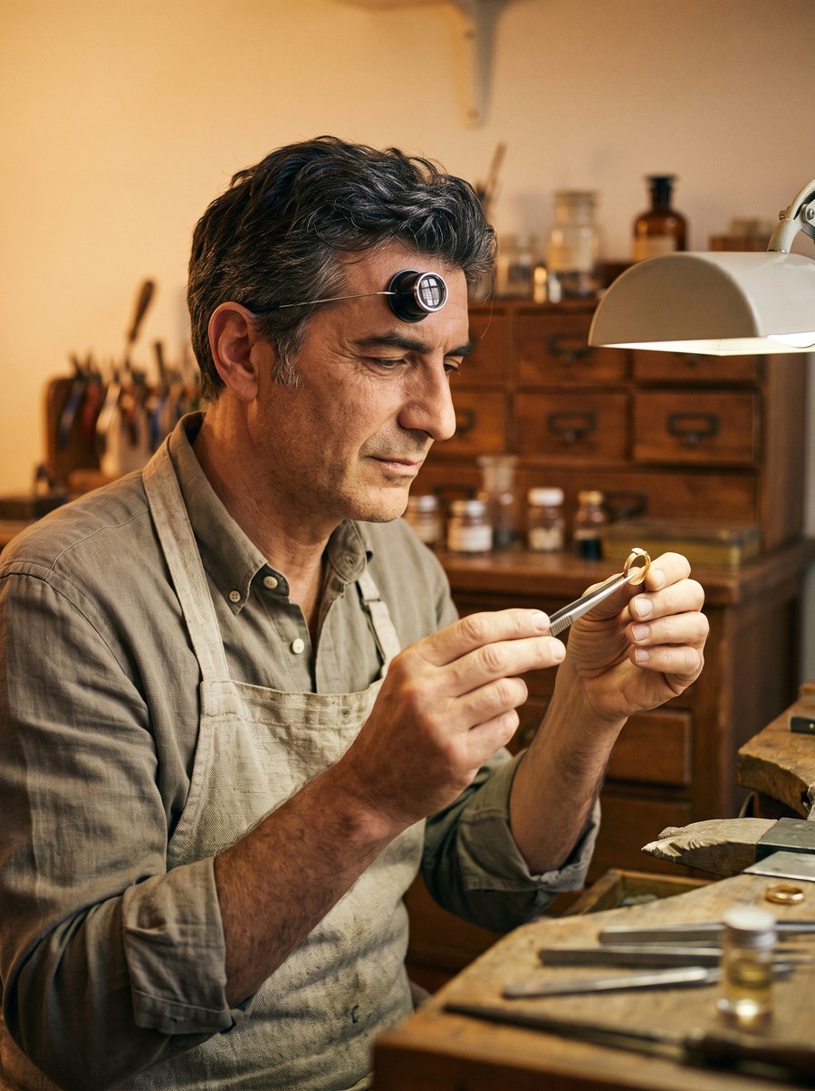 A master goldsmith with a loupe on his forehead inspecting a gold ring at his workbench
