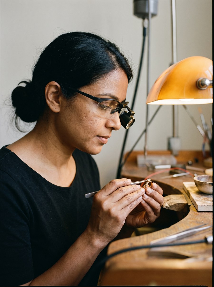 A diamond setter wearing magnifying loupes setting a small stone into a ring under a bench lamp